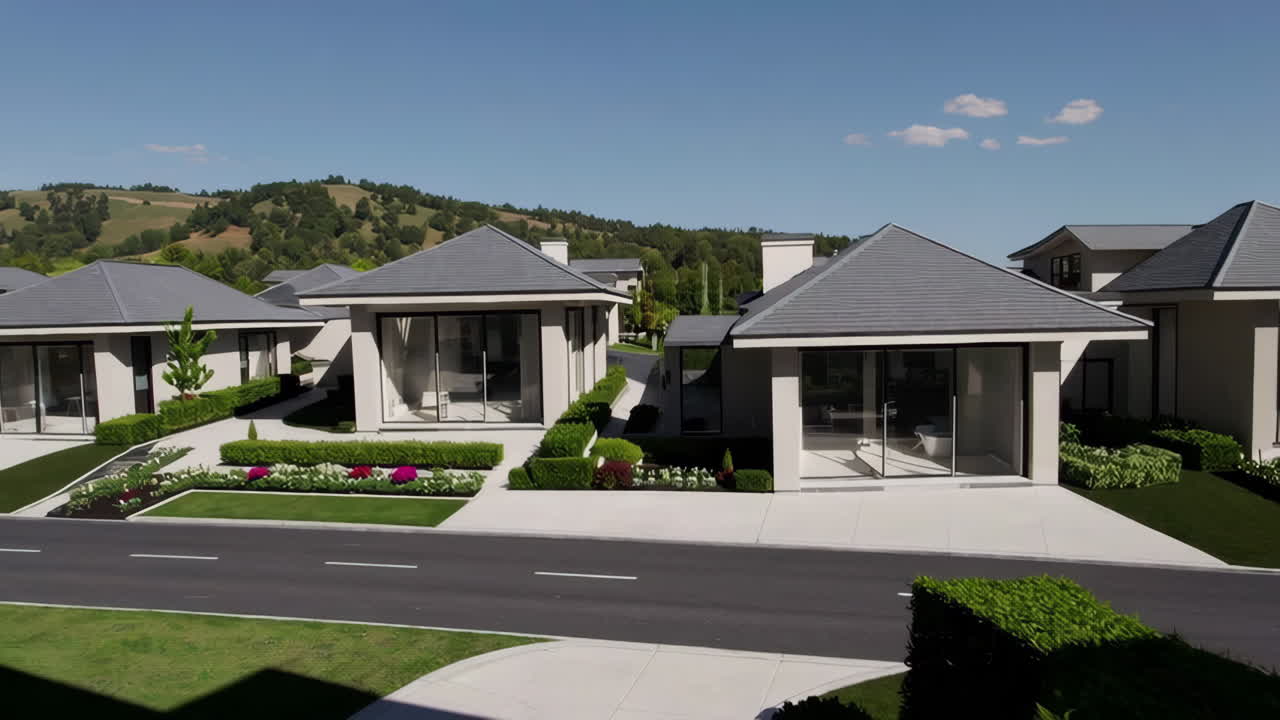 Modern Residential Complex with Landscaped Gardens and Hillside Views