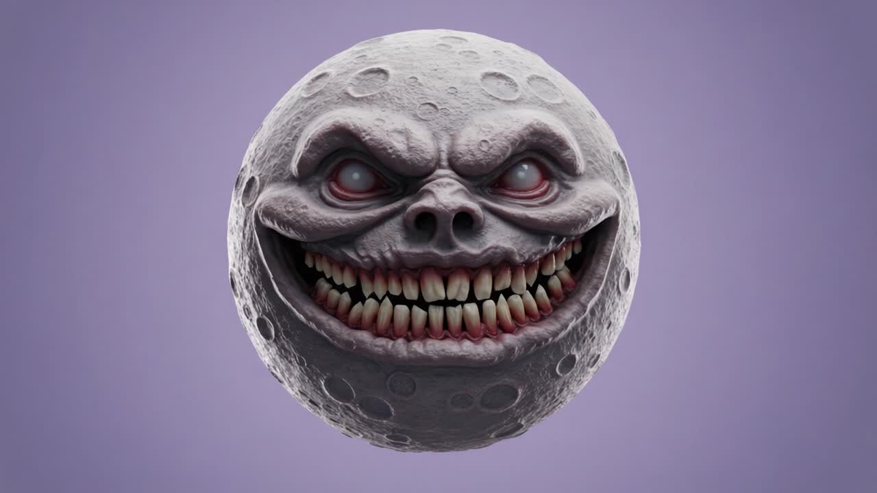 A Terrifying Creature from the Depths of Imagination: An Eerie Moon with a Grinning, Monstrous Face, Emanating Sinister Energy and Glaring Red Eyes in a Fantasy Realm