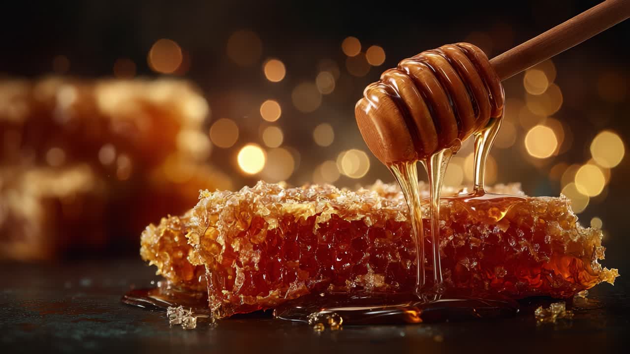 Un primo piano di miele che cola da un mestolo di legno, mostrando la consistenza viscosa e la gloriosa tonalità dorata su uno sfondo di luci bokeh soffuse.