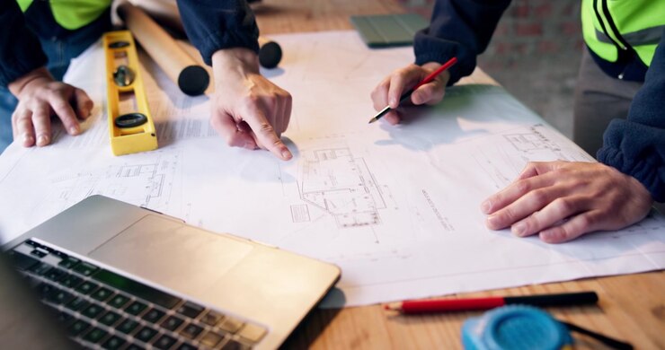 Architects Reviewing Construction Blueprints on a Desk