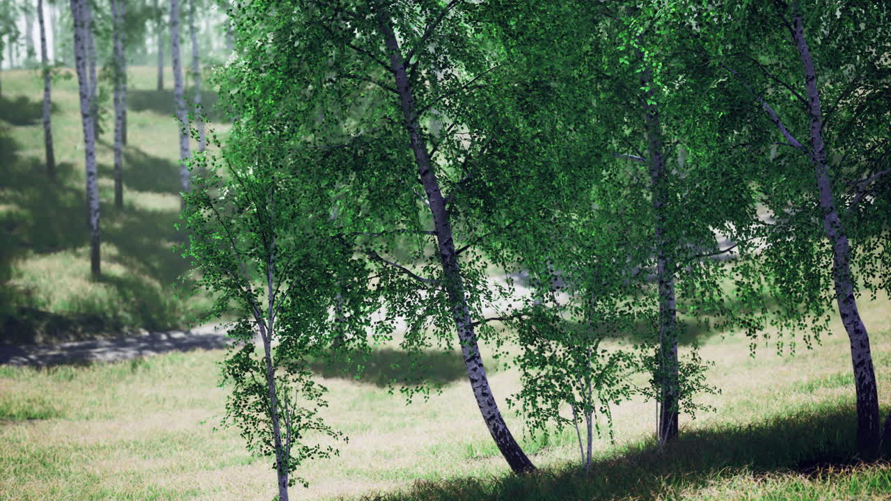 Lush green birch trees in a tranquil meadow during daytime
