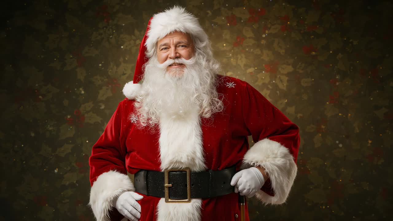 Posing Santa in red suit adjusting pose after camera cue, smiling for portrait, belt and cane