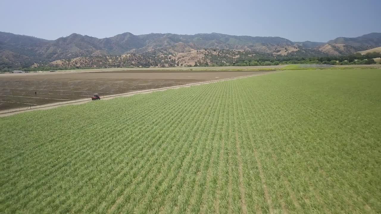 Rural farmland, aerial footage moving forward over sprawling green crops towards unplanted land being irrigated with sprinklers, golden hills and blue sky in the background, in Central California