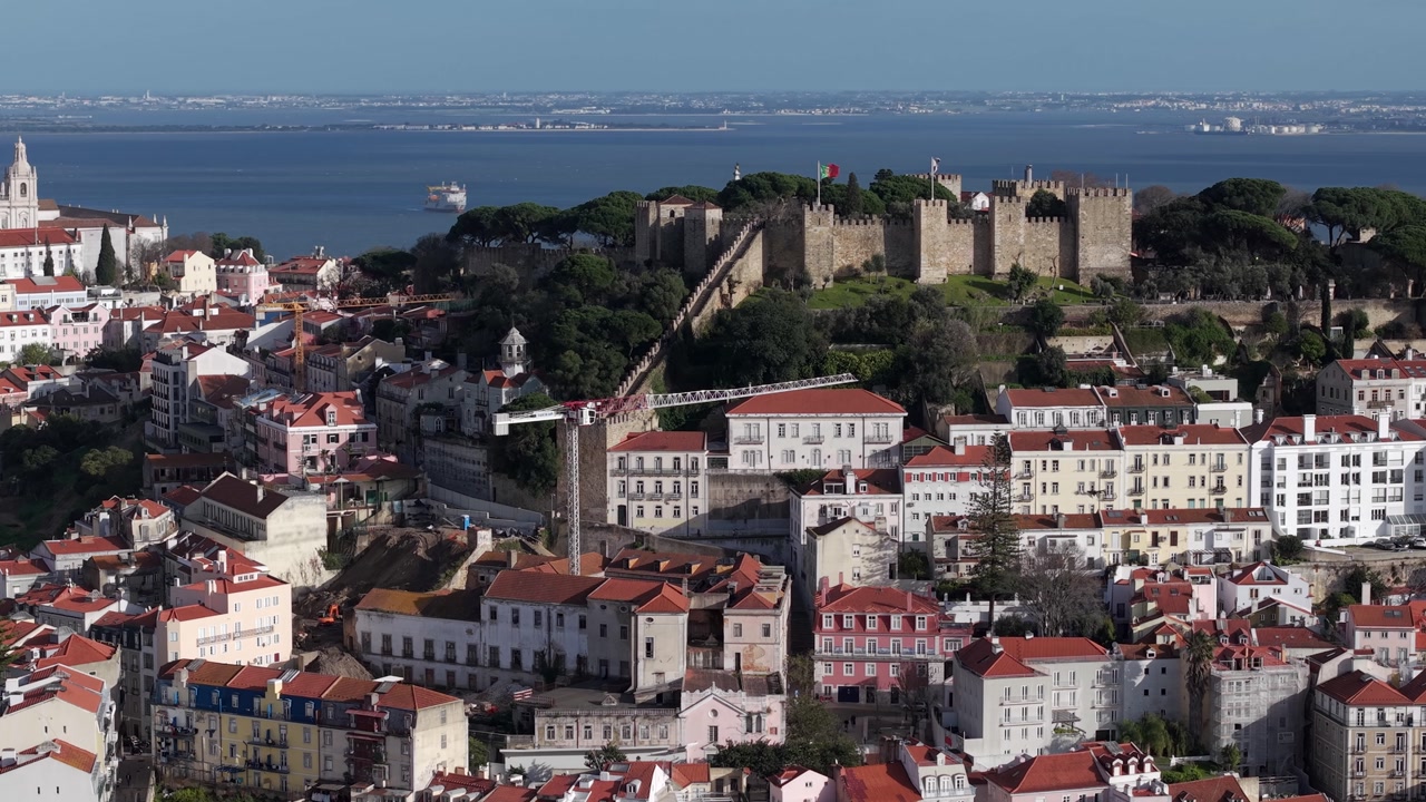 Castelo de Sao Jorge, Saint Georges Castle located in Alfama district of Lisbon, on Tagus river estuary, Aerial