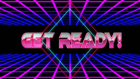 animation of get ready text in pink metallic letters over pink and blue grids on black