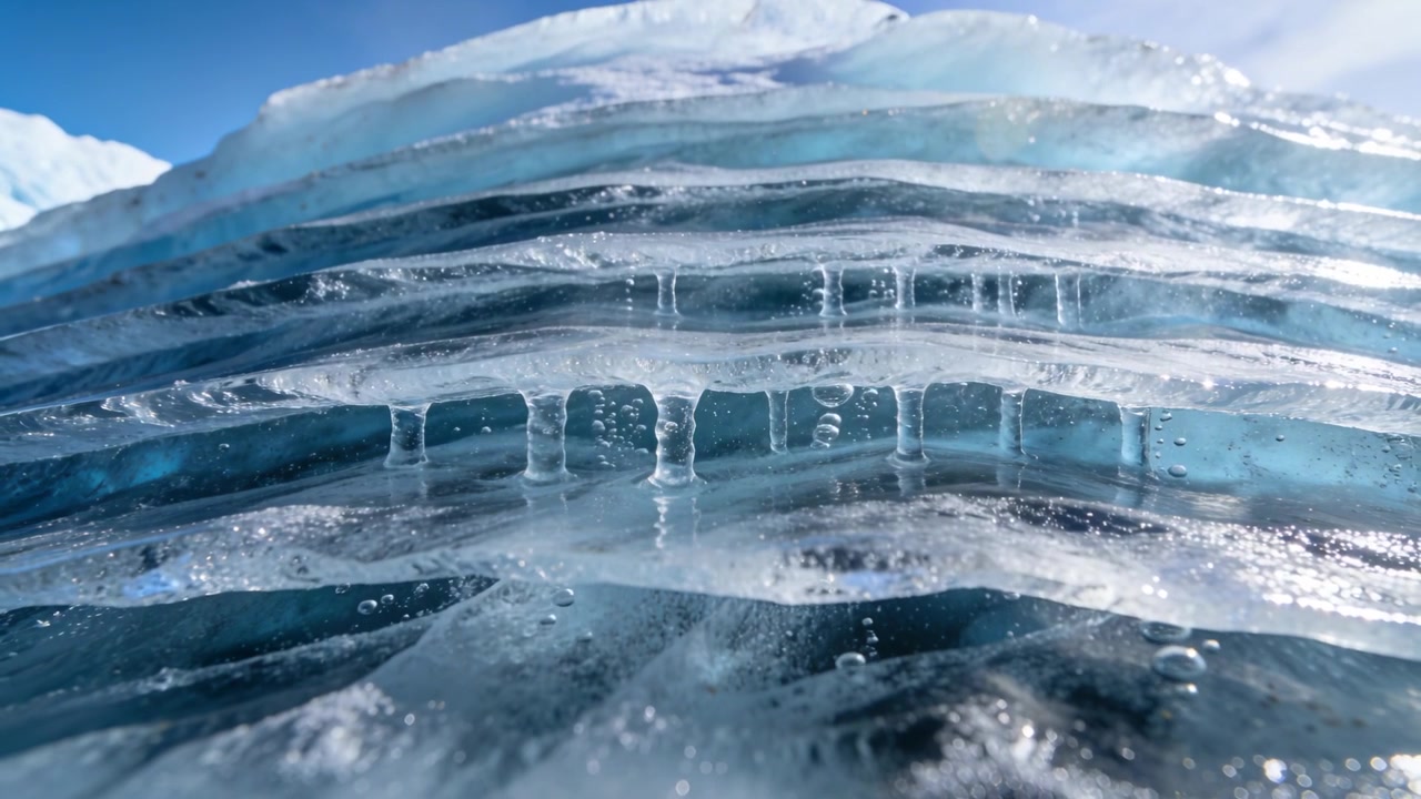 Glinting sunlight warming layered ice at glacial outcrop, growing melt columns and rising bubbles