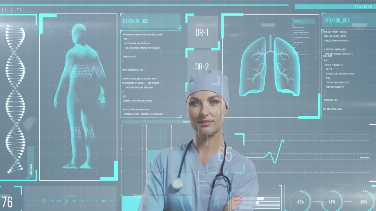 Animation of human representation, dna helix over caucasian female doctor standing arms crossed
