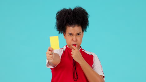whistle, yellow card and woman referee in a studio