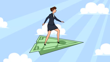 flat cartoon businesswoman character flying on dollar paper airplane animation