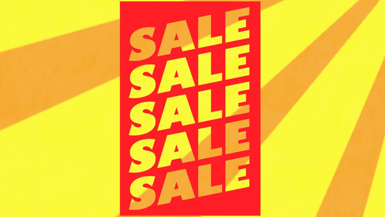 파란색과 빨간색 방사선에 대한 판매 텍스트 배너의 애니메이션이 끊임없는 패턴으로 회전합니다.