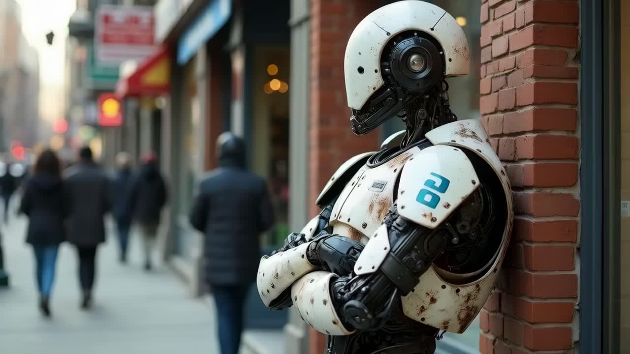 figura de robot en la calle de la ciudad