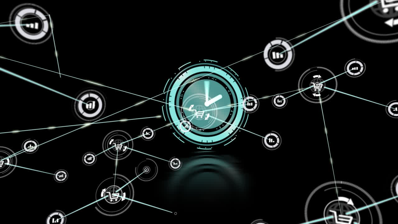 Animation of network of connections with icons over clock