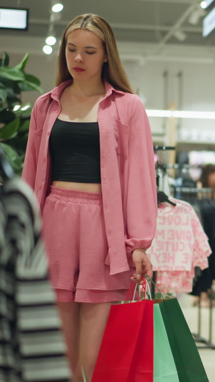 dama con una camiseta negra bajo un traje rosa, llevando bolsas de compras de colores, camina a través de una tienda de moda bien iluminada, tocando y examinando suavemente la ropa ordenadamente dispuesta en los estantes