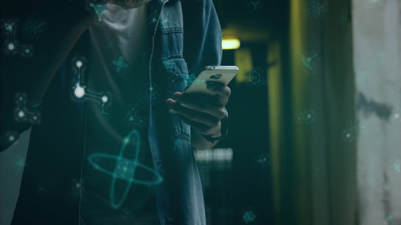 Man initiating molecular holograms for tech demo in corridor, biting bread and scrolling smartphone