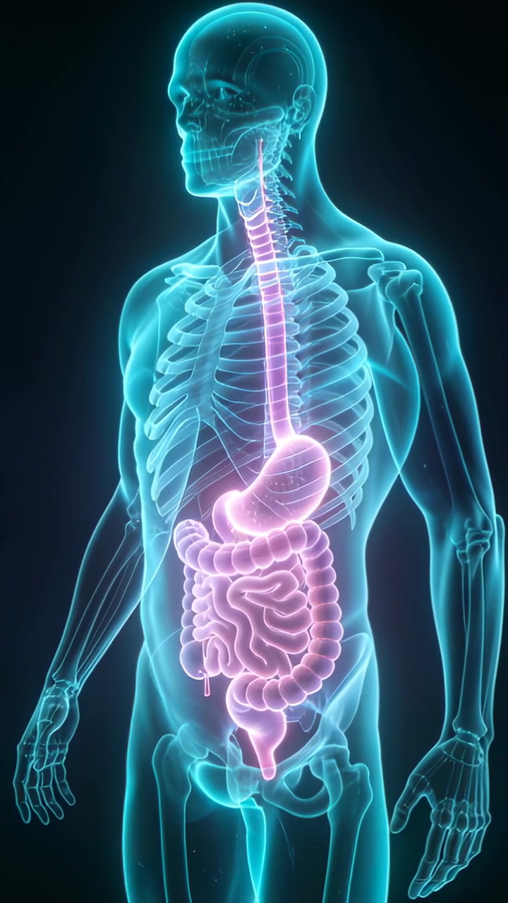 Vertical video: Rotating clear model on play in studio, showing pulsing gut and skeleton for study