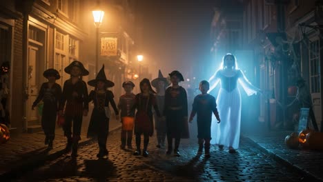 a spooky halloween night: children dressed in costumes parade through a foggy street accompanied by a mysterious ghostly figure