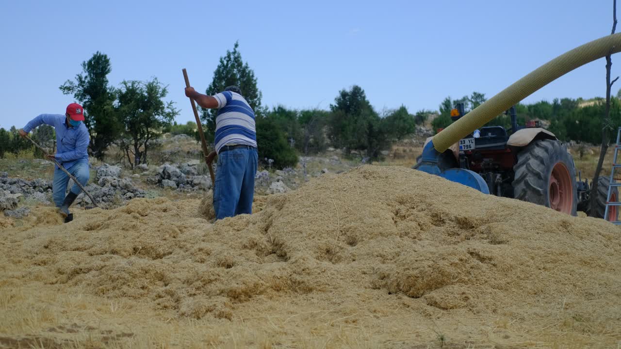 Agricoltore adulto con irroratrice per fieno