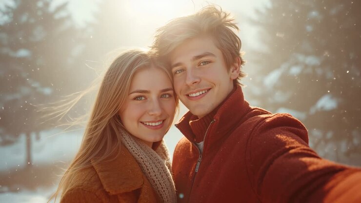 Extending smartphone arm, man and woman capturing selfie at snowy woods, preserving joyful moment