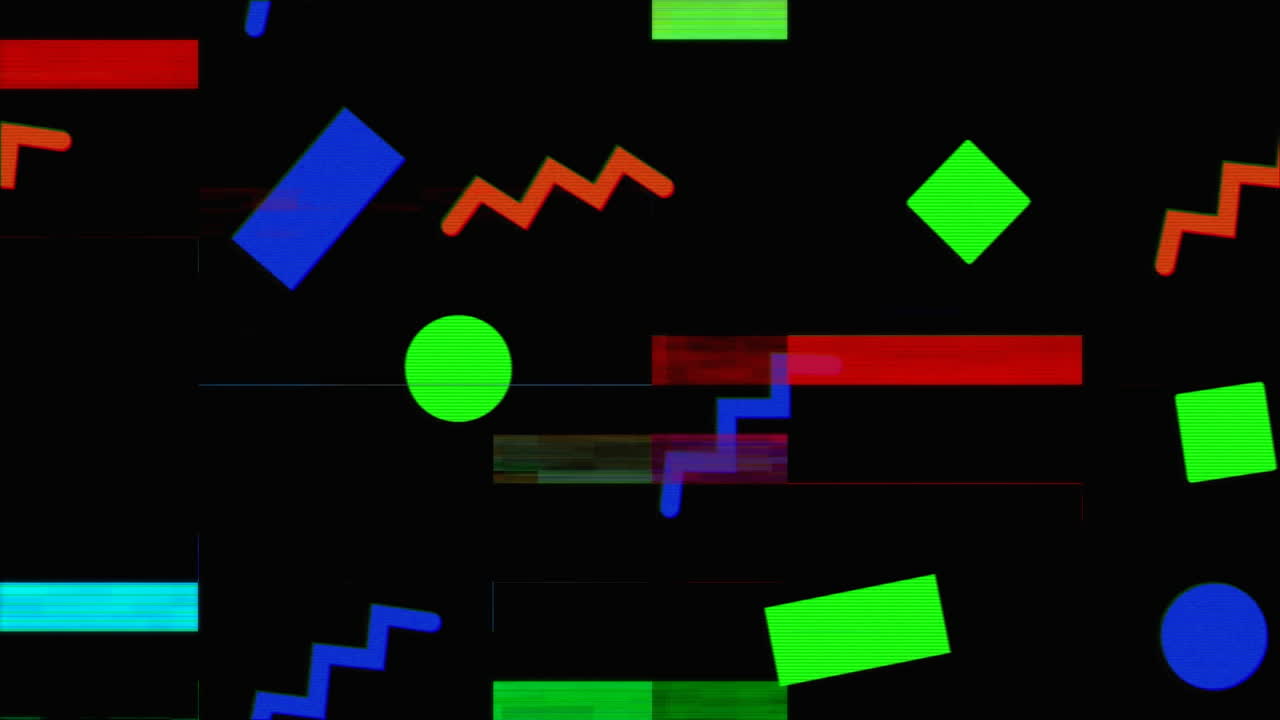 Animation of repeated yellow, blue and pink geometric shapes on black, with colourful interference