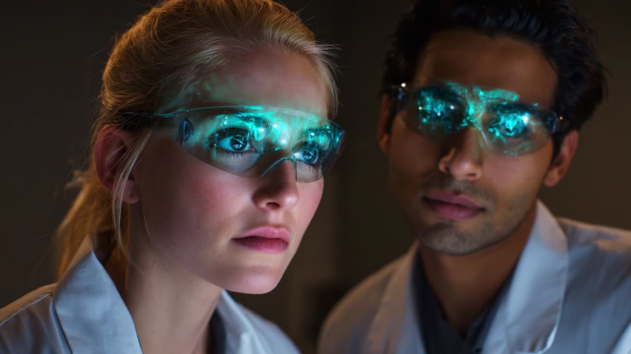In a futuristic laboratory setting, two scientists wearing high-tech glasses with illuminated lenses focus intently on their research, demonstrating cutting-edge technology and the pursuit of innovation in science