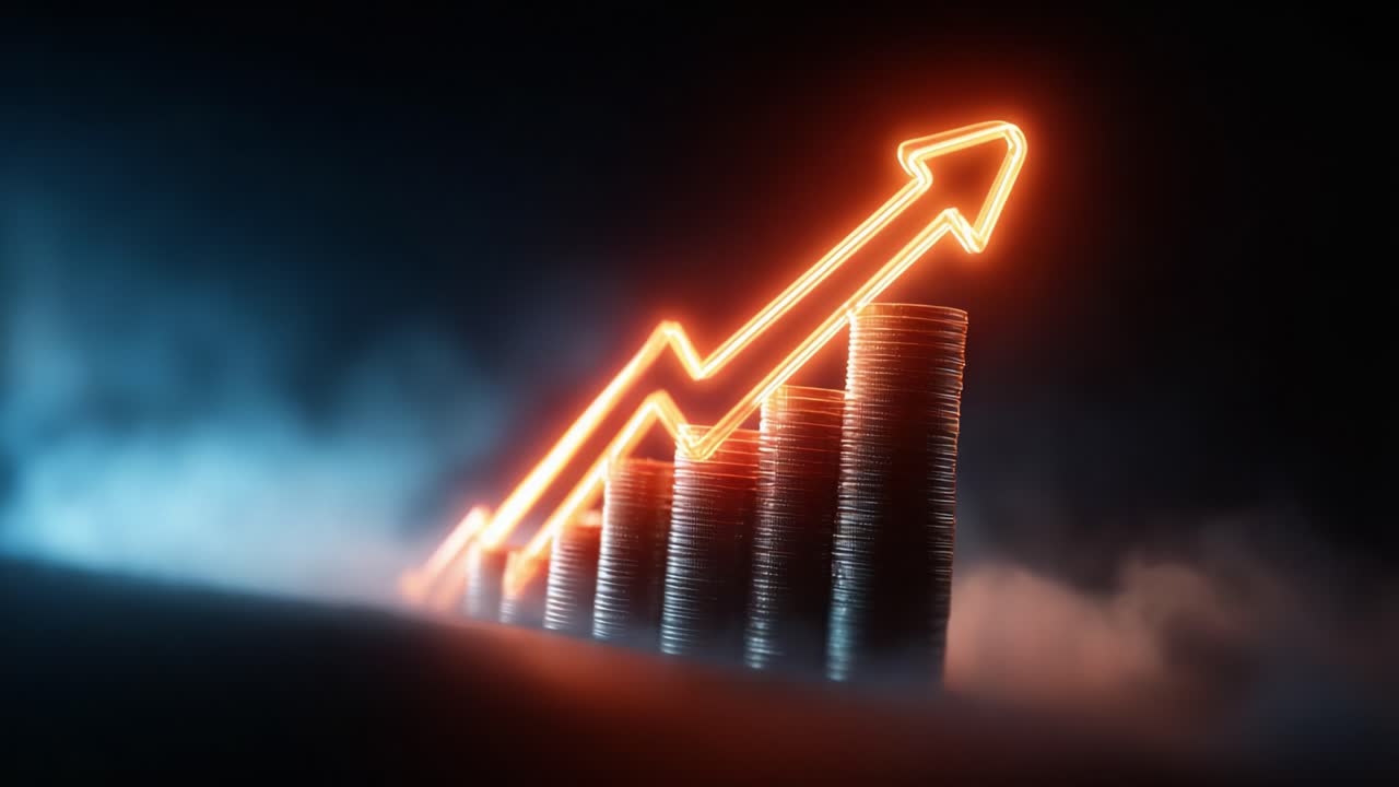 A Visual Representation of Growth and Success: An Inspirational Image Featuring an Illumined Arrow Pointing Upwards Against Stacked Coins, Signifying Financial Progress and Opportunity