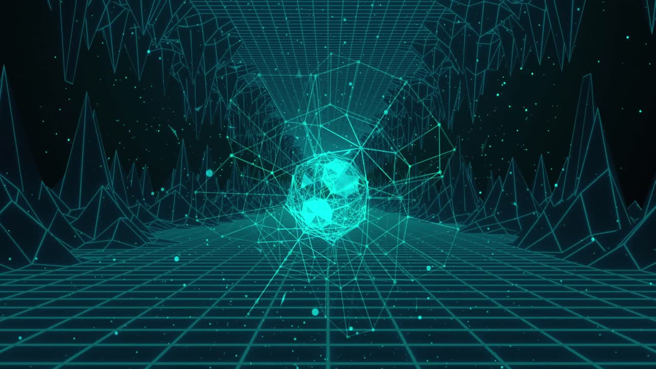 Animation of network of connections over digital mountains on black background