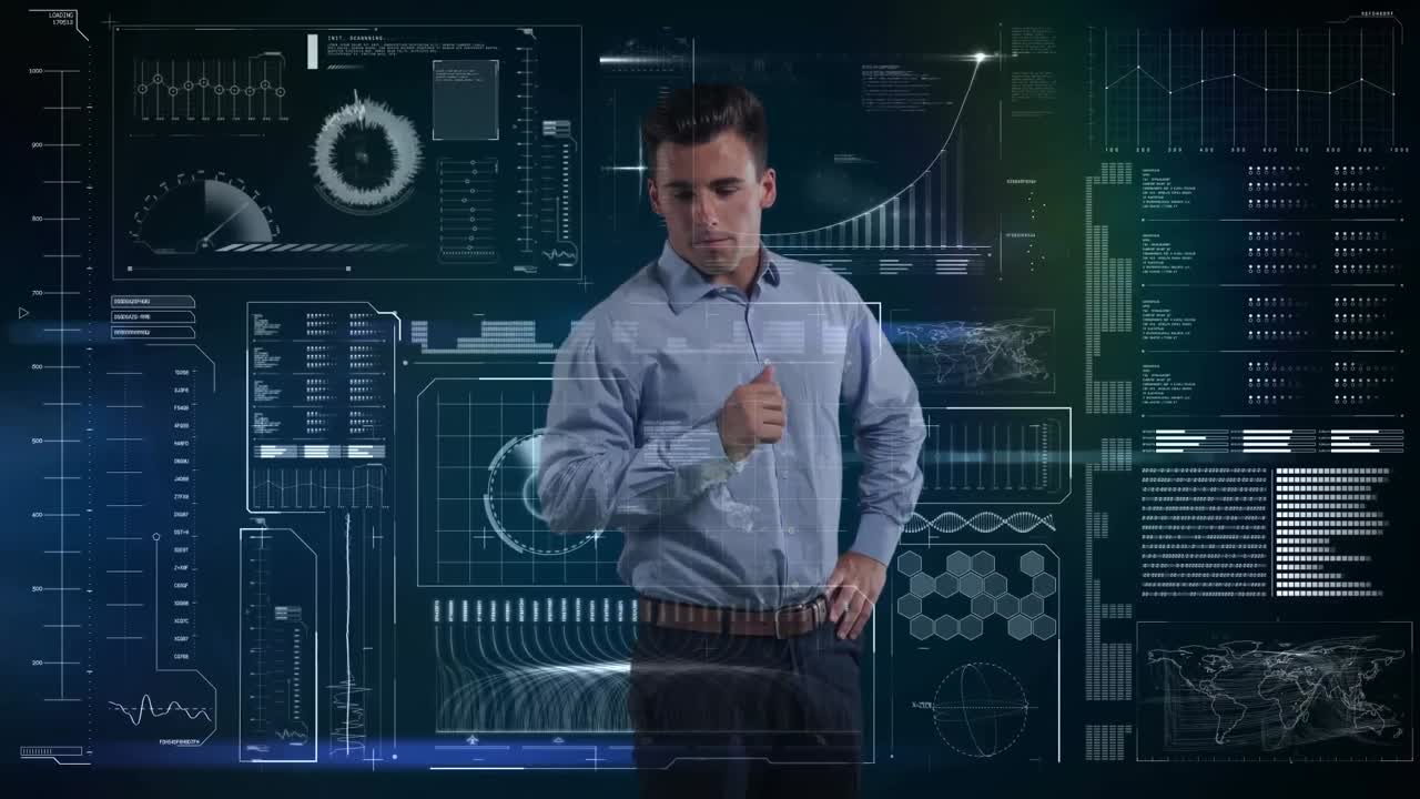 hombre de negocios caucásico que usa tecnología táctil