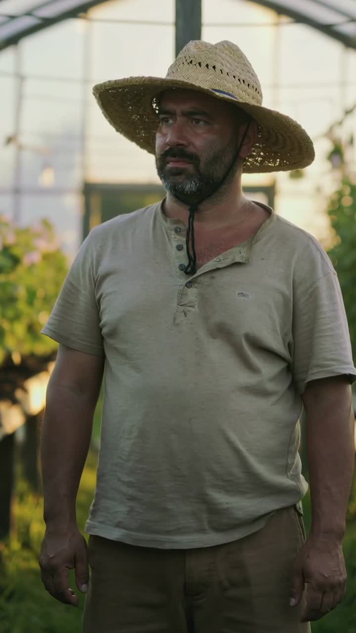 Video verticale: Sentendo un fruscio, un giardiniere con cappello di paglia ispeziona i bancali della serra, controllando le piante.