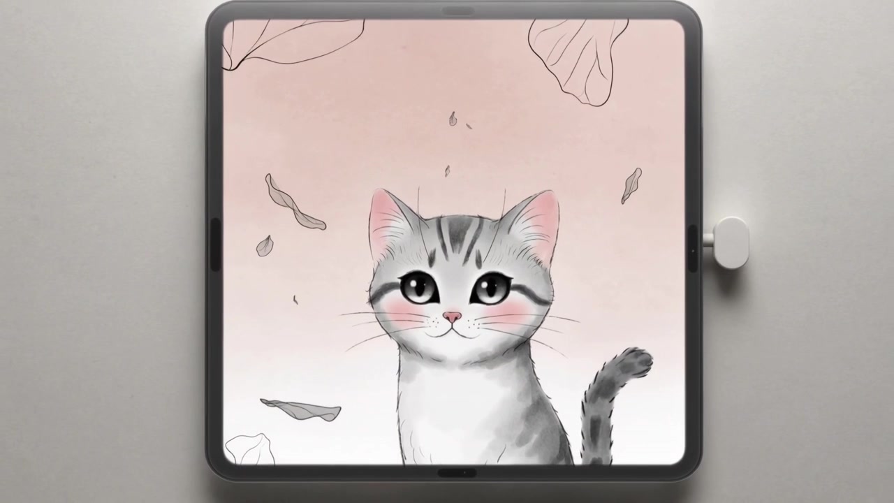 Animating graystriped kitty blinking while screen pulling back showing tail on gray table with knob