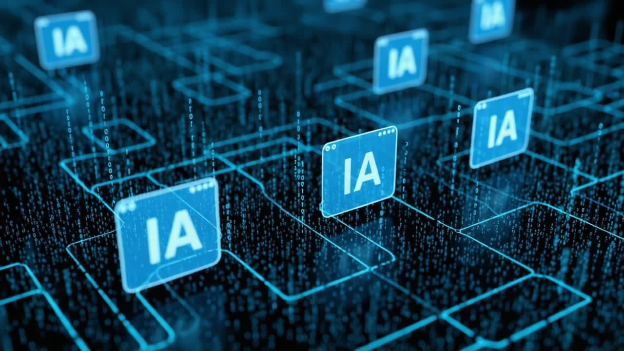 Futuristic Digital Network Showcasing Artificial Intelligence Connections Through Interconnected Data Grids and Blue Neon Elements