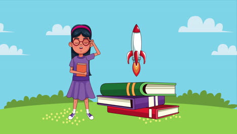 niña estudiante leyendo libros y personaje animado de cohetes