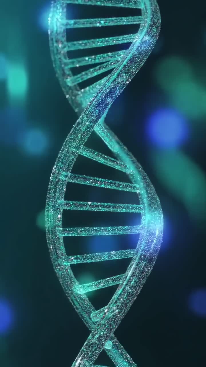 Video ravvicinato di una doppia elica di DNA scintillante, ripreso da un'angolazione bassa con uno stile futuristico