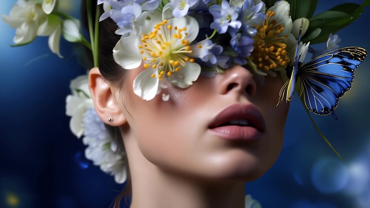Donna Eterea con Fiori e Farfalla sul Viso
