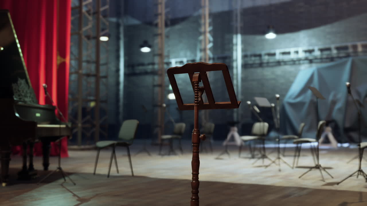 un puesto de música en el escenario, con un piano y sillas en el fondo