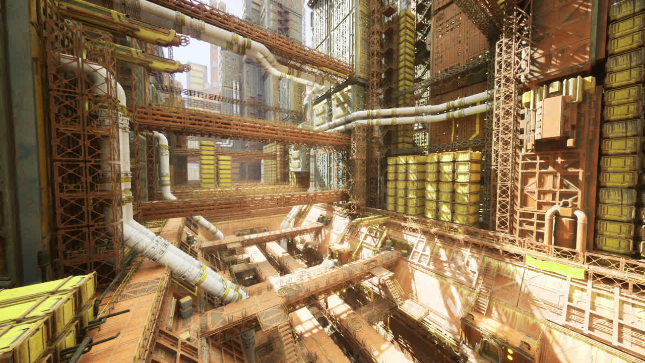 Golden sunlight illuminates complex factory with scaffolding and shadows