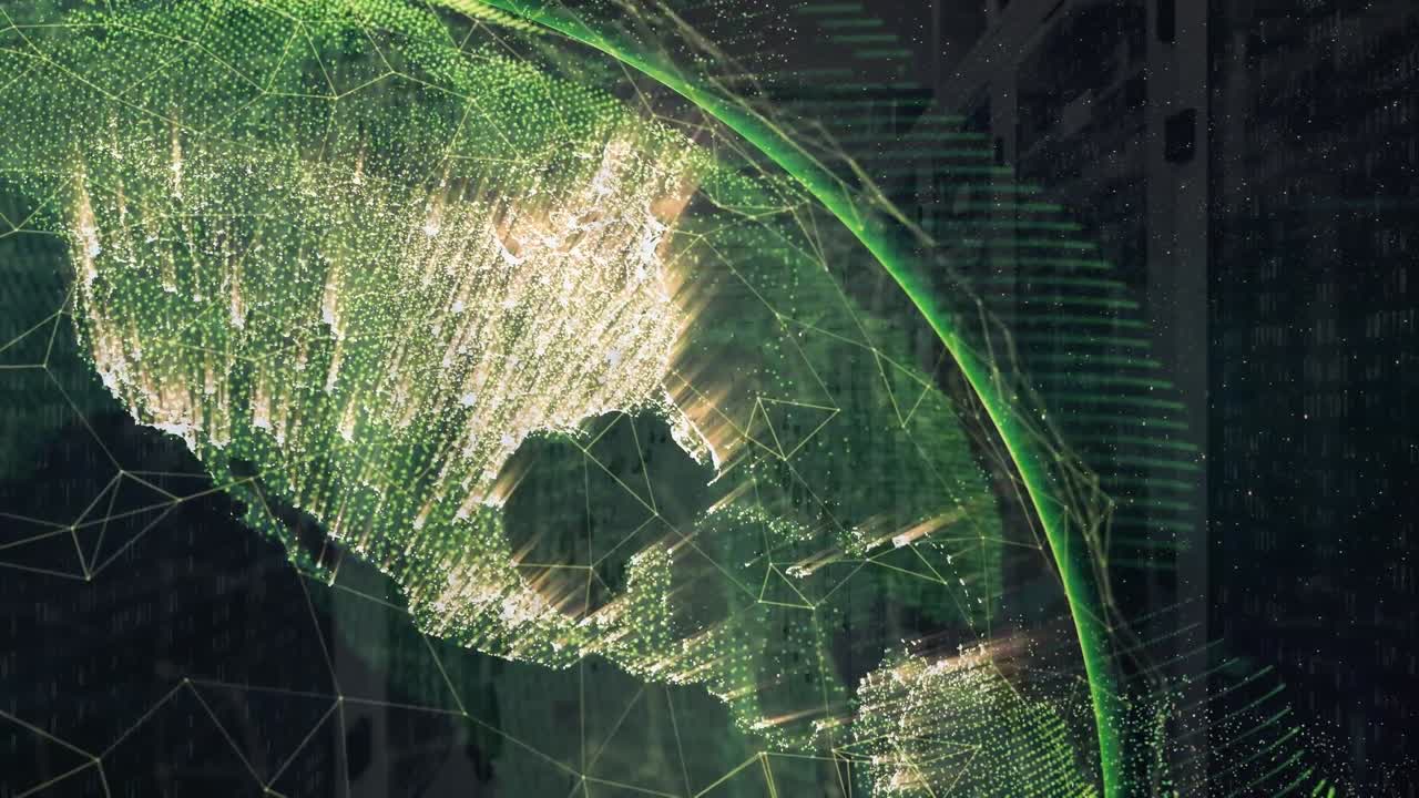 Animation of globe with lights and signals rotating over space and sun