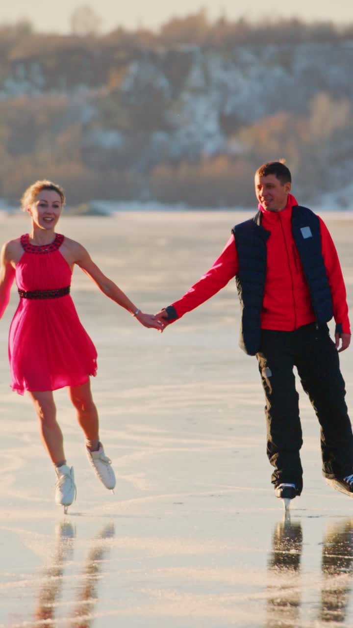 A Joyful Winter Ice Skating Scene Featuring Two Friends or Couples Gliding Gracefully Together on a Frozen Lake While Embracing Each Other's Company in a Winter Wonderland Atmosphere