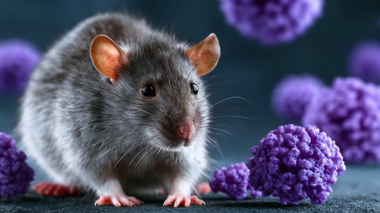 鮮やかな紫色の微生物球体に囲まれた、灰色のネズミの詳細なクローズアップ。自然と科学の精巧さを、見事な視覚表現で示しています。