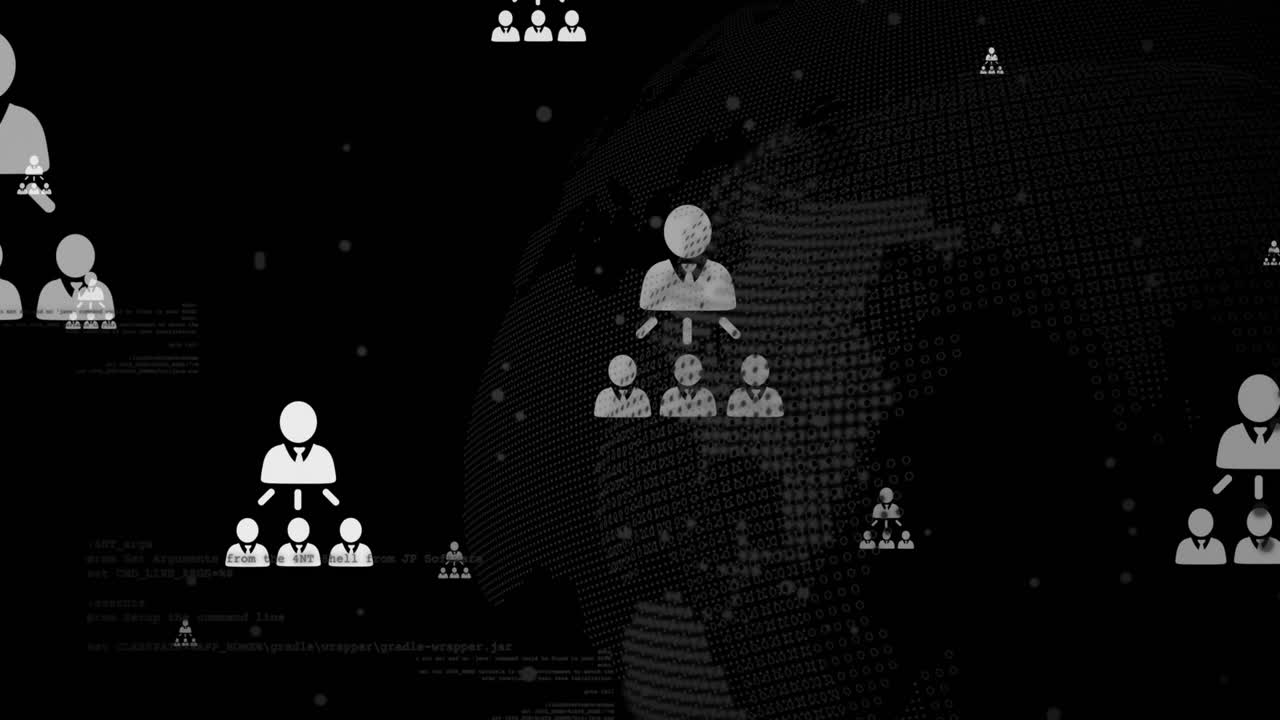 Animation of financial data processing with globe and business icons on black background