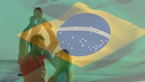 Animación-De-La-Bandera-De-Brasil-Sobre-Una-Familia-Caucásica-En-La-Playa.