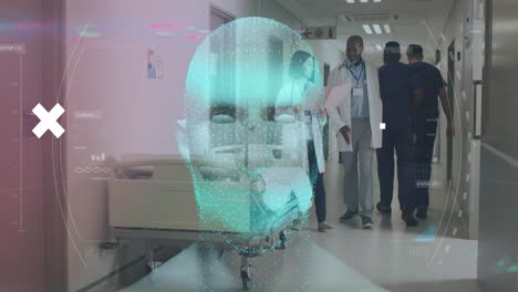 animación de globo y cabeza humana digital sobre diversos médicos en el hospital.