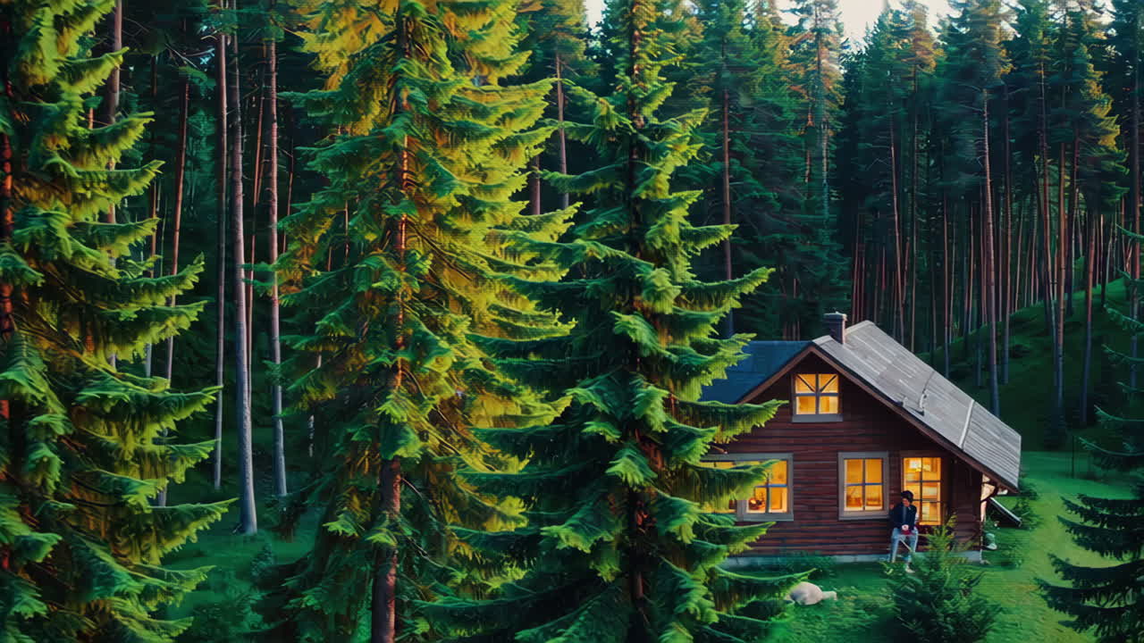 Woman Reading a Book in a Cozy Log Cabin with her Dog