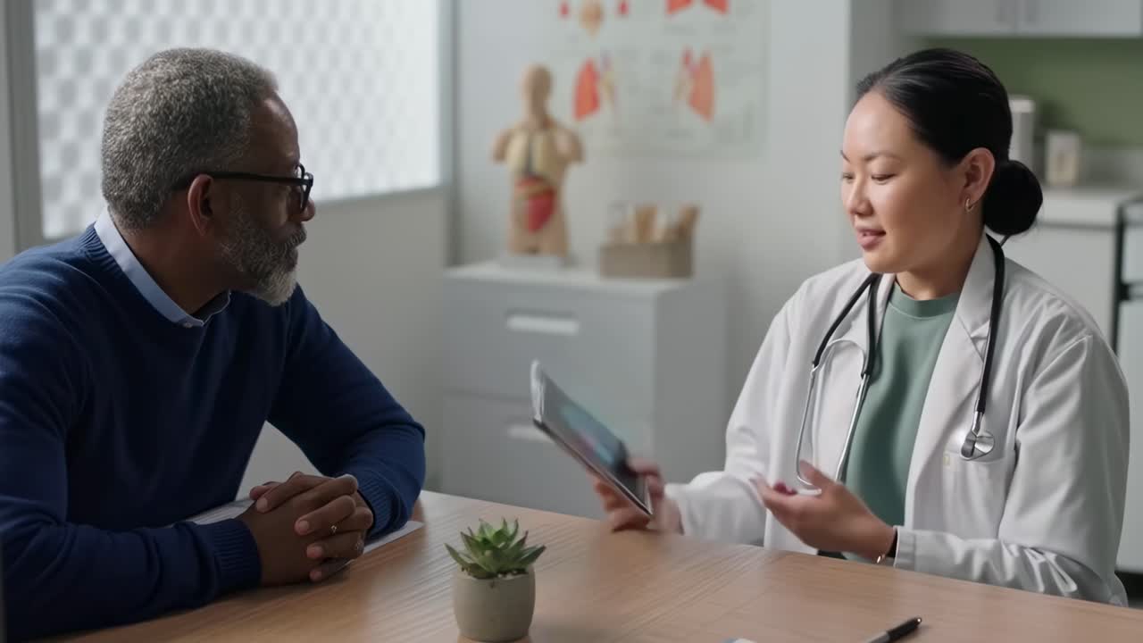 Doctor explains lung health via tablet video, shot from a side angle in a clinical setting