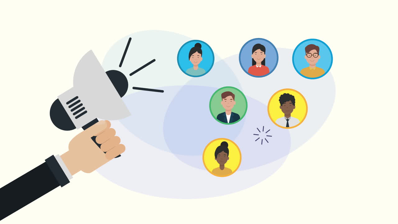 megáfono con animación de la comunidad de marketing de redes sociales