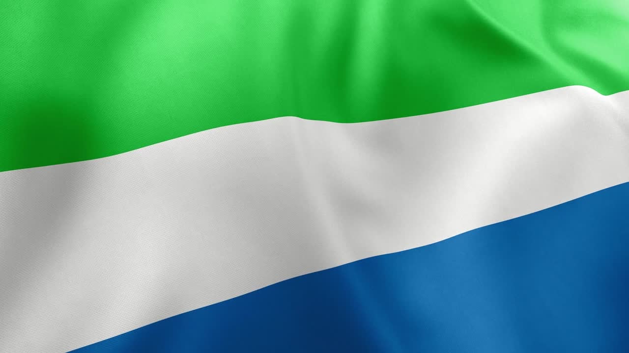 Waving flag of Sierra Leone animation, green, white, and blue horizontal stripes, national symbol