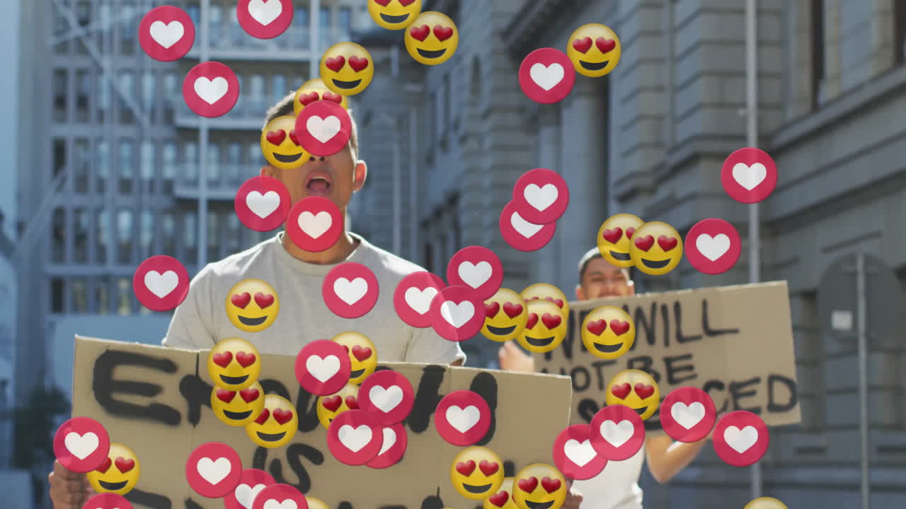 Animation of media icons over biracial men with signs protesting