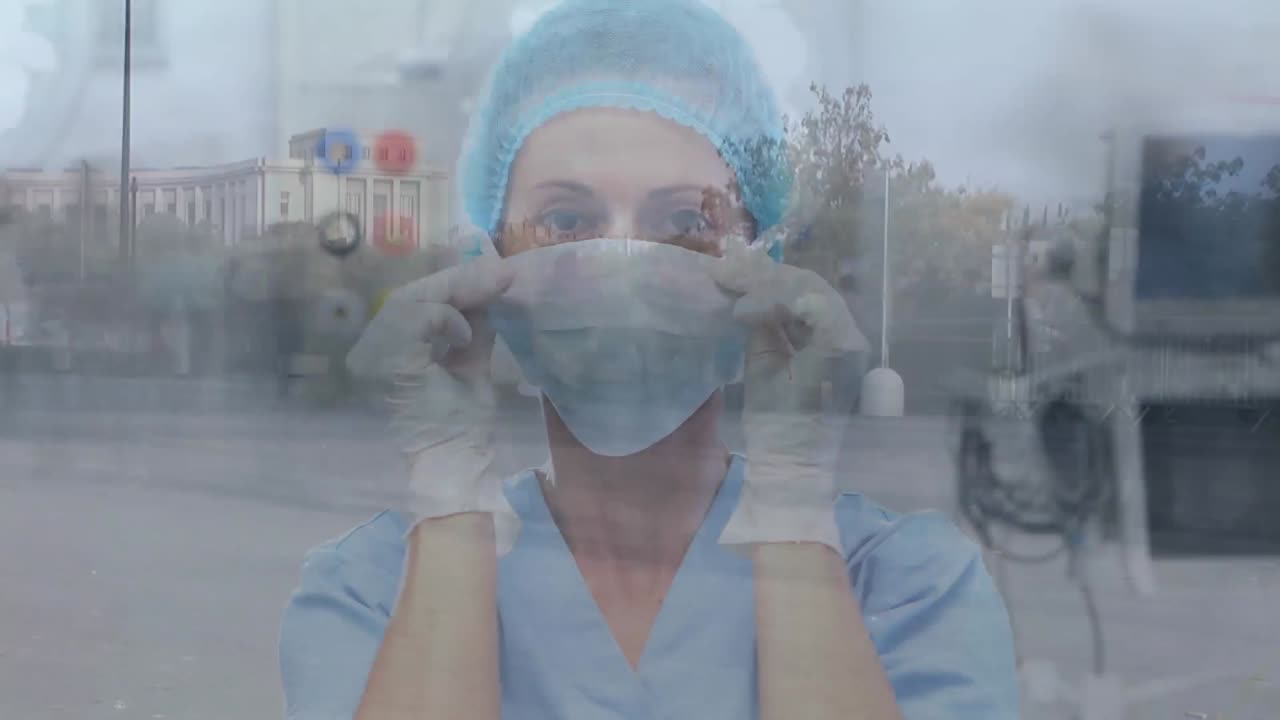 Animazione di un medico che indossa una mascherina, con persone per strada sullo sfondo.
