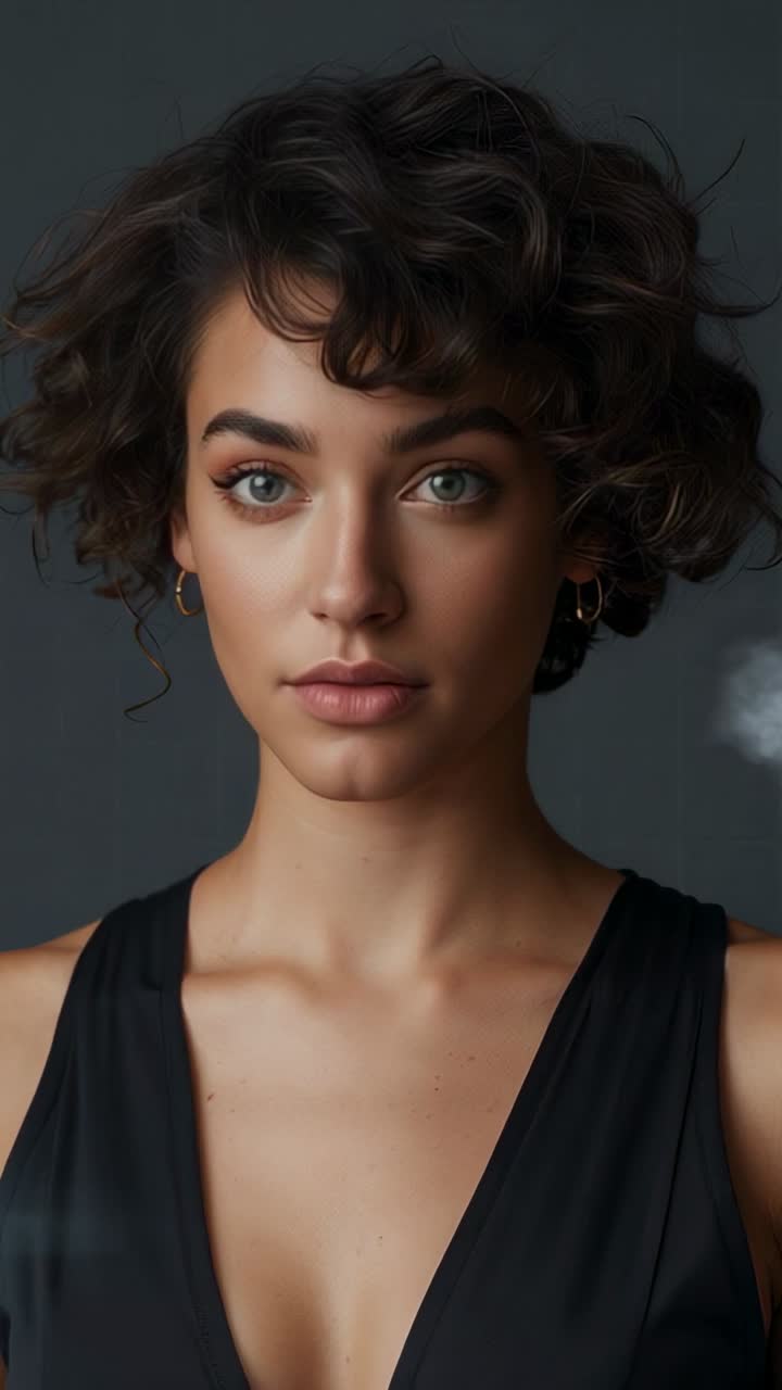 Vertical video: Camera zooming, model holding pose in studio for headshot, wearing V-neck and hoops