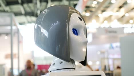 close-up of a robot head at a technology exhibition