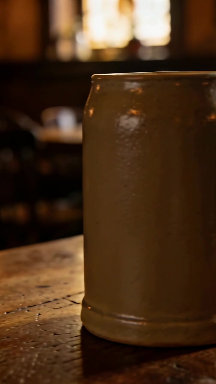Video vertical: Cámara panorámica revelando una taza de gres sobre una mesa desgastada, mostrando el asa y espacio para texto.